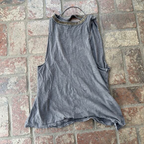 Free People Beaded Sleeveless T-Shirt Tank Gray Distressed Motorcycle USA Size S - Picture 5 of 6